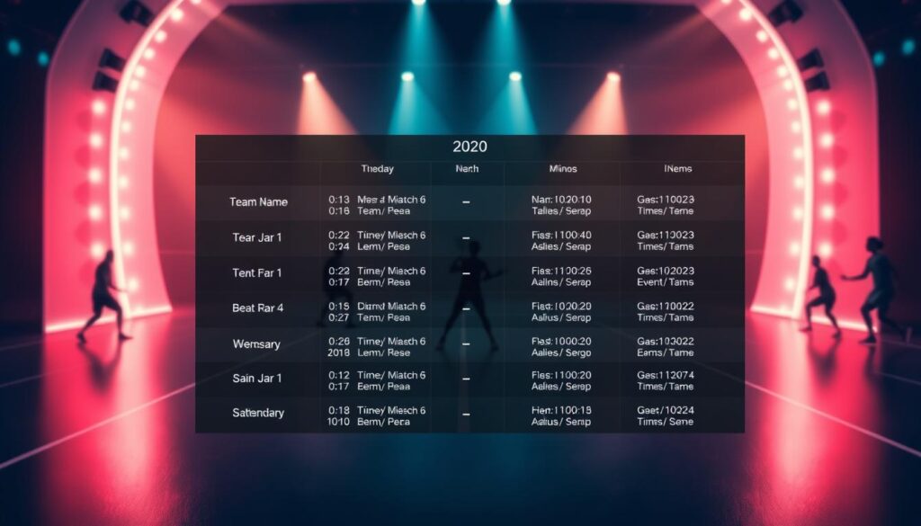 A badminton tournament schedule presented on a sleek, modern interface. In the foreground, a clean grid layout displays match details - team names, event names, and timestamps. The middle ground features an elegant court backdrop, with the silhouettes of players in action. The background subtly fades into a gradient of the sport's signature colors, creating a sense of energy and anticipation. Subtle lighting casts a warm, inviting glow, while the camera angle offers a dynamic, elevated perspective, drawing the viewer into the excitement of the upcoming matches.