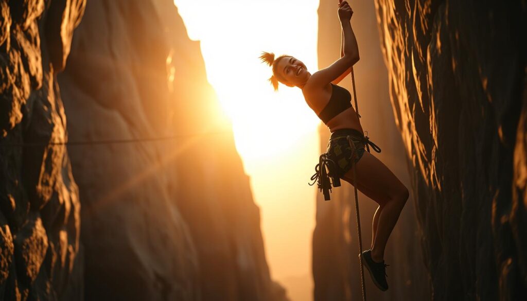 A bronze medal-winning climber, Kadek Adi Asih, navigates the speed climbing course with precision and grace. Her lithe form is silhouetted against a dramatic backdrop of towering rock walls, bathed in warm, golden light. The camera captures her in mid-leap, muscles taut, as she reaches for the next hold, her expression one of fierce determination. In the foreground, the climbing apparatus is rendered in intricate detail, with the ropes and carabiners gleaming. The scene conveys a sense of intensity and athleticism, capturing the essence of the "Speed Putri" event at the 2025 World Climbing Championships.