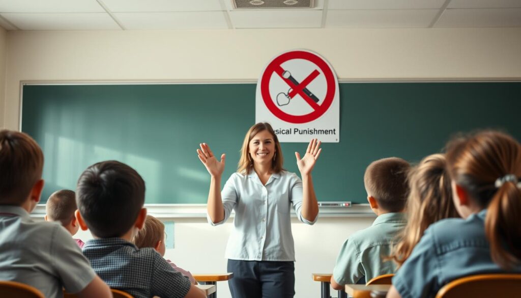 A classroom scene depicting a teacher and students, with a clear no-physical-punishment sign prominently displayed on the wall. The teacher is standing in front of the class, hands raised in a non-threatening manner, conveying a message of understanding and respect. The students appear engaged and attentive, reflecting a positive, nurturing learning environment. The lighting is soft and natural, creating a calming atmosphere. The composition emphasizes the message of the prohibition on physical punishment, with the sign being the focal point. The overall scene should evoke a sense of safety, security, and a commitment to alternative disciplinary methods in the school setting.