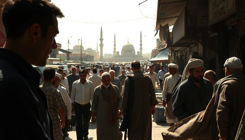 A crowded market scene in a Middle Eastern city, midday sun casting harsh shadows. In the foreground, a couple discreetly meeting, faces averted, body language tense. Behind them, passersby hurry about their business, oblivious to the private drama unfolding. The middle ground reveals a tangle of stalls, merchants haggling, a group of religious elders observing the scene with stern expressions. In the distant background, the silhouettes of domed buildings and minarets pierce the hazy sky, a reminder of the social and spiritual context. The overall mood is one of subtle unease, the underlying tension palpable yet carefully concealed.