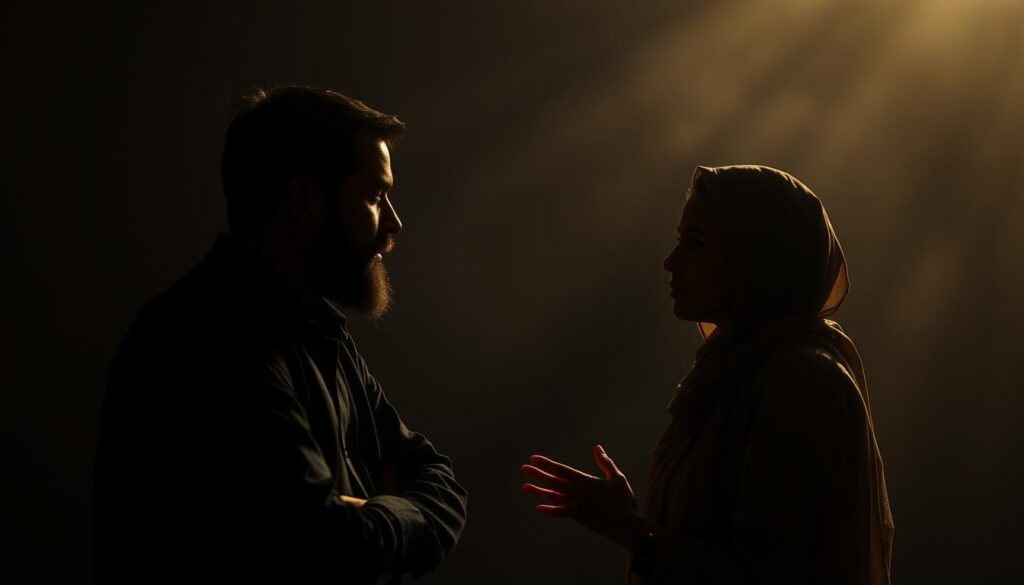 A dimly lit room, the air thick with tension. Two figures, a man and a woman, engaged in a charged, open dialog about the complex topic of zina (unlawful sexual intercourse). Their expressions are serious, yet thoughtful, as they navigate the nuances of this sensitive issue. Soft, warm lighting casts dramatic shadows, creating an atmosphere of introspection and contemplation. The backdrop is hazy, allowing the viewer to focus on the intense exchange between the protagonists. The scene conveys the gravity and importance of this open discussion, reflecting the need for deeper understanding and compassion within the community.