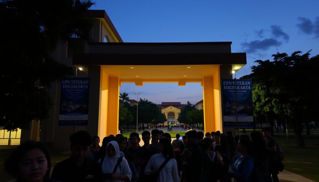 A dimly lit university campus at dusk, with the focus on the central entrance and registration area. The facade features a distinctive architectural style with arches and columns, illuminated by warm lighting. In the foreground, a line of prospective students wait patiently to enter, their faces etched with determination. Posters and banners advertising the "UPN Veteran Yogyakarta" enrollment process adorn the walls, providing clear signage. The middle ground reveals administrative staff members guiding the applicants through the registration process, laptops and documents in hand. In the background, the campus grounds are dotted with trees and other buildings, creating a sense of depth and a bustling academic atmosphere. The overall mood is one of anticipation and the start of an exciting new chapter.