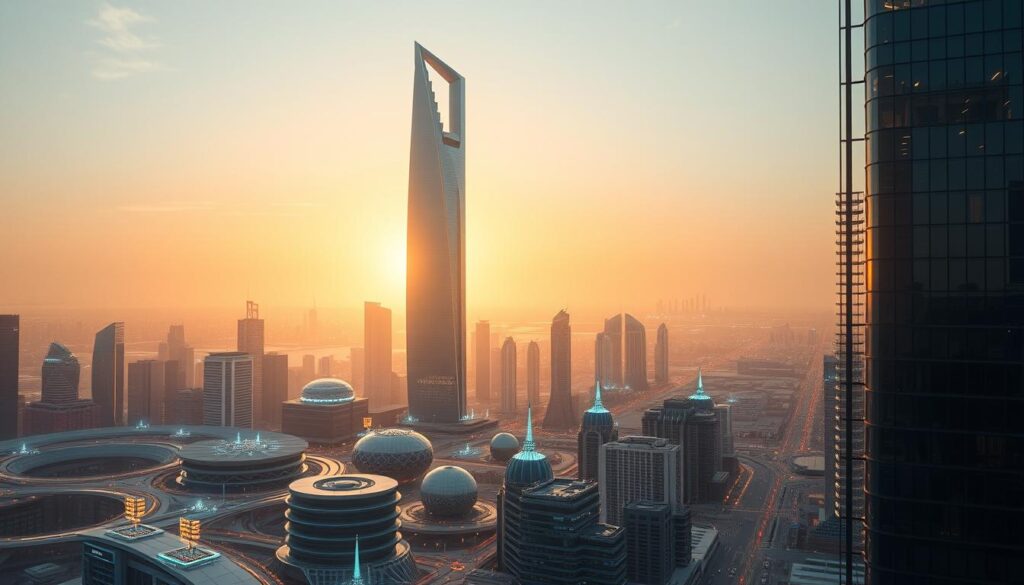 A futuristic cityscape, bathed in a warm, golden glow, serves as the backdrop for the evolving landscape of "Pasal 37." In the foreground, a towering, sleek skyscraper stands as a symbol of progress, its mirrored façade reflecting the changing legal landscape. Surrounding it, a network of autonomous vehicles and holograms represent the integration of technology and legislation. The middle ground is dotted with smaller, modern buildings, their designs showcasing the innovative architectural principles inspired by the new laws. In the distance, a shimmering skyline stretches out, hinting at the continued evolution and adaptation of Pasal 37 to meet the demands of the future.