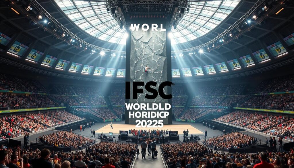 A grand, majestic stadium with a state-of-the-art climbing wall towering in the center. Spectators fill the stands, their excitement palpable as the world's top climbers ascend the challenging routes. Dramatic lighting casts dramatic shadows, accentuating the athletes' dynamic movements. In the foreground, the IFSC Climbing World Cup 2025 logo is prominently displayed, its bold design emblematic of the prestige and global significance of this prestigious event. The background showcases the iconic cityscape of the host location, its skyscrapers and landmarks framing the captivating scene. An atmosphere of awe and anticipation permeates the air, as the world watches in eager anticipation of new climbing records and feats of human triumph.