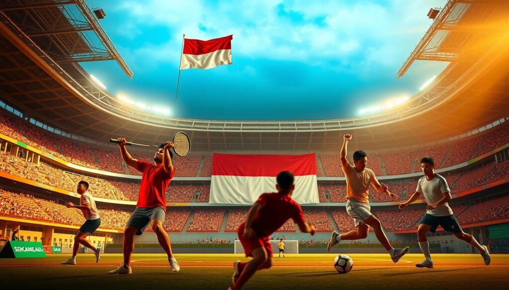 A grand stadium backdrop showcases Indonesia's athletic prowess, with the national flag proudly displayed. In the foreground, a diverse array of athletes engage in their respective sports - a badminton player's precise volley, a weightlifter's powerful lift, a swimmer's graceful strokes, and a soccer player's deft footwork. Warm, golden lighting illuminates the scene, capturing the determination and skill of these talented individuals. The image radiates a sense of national pride and the anticipation of Indonesia's triumph at the upcoming SEA Games 2025.