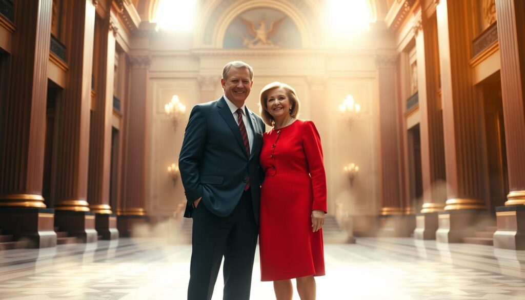 A grand, stately hall with ornate columns and intricate architectural details. In the foreground, two figures, one in a navy blue suit and the other in a red dress, stand with an air of camaraderie, their body language suggesting a close, sibling-like relationship. The lighting is warm and inviting, casting a soft glow on their faces, hinting at the close bond between the two political figures. The background is hazy, with a sense of grandeur and history, reflecting the significance of their roles and the weight of their relationship. The scene exudes a sense of power, influence, and a deep-rooted, familial connection between the two.