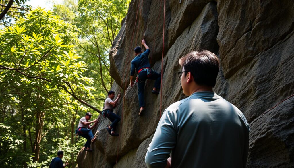 A group of Indonesian rock climbers meticulously training on a rugged, natural climbing wall amidst a lush, verdant forest backdrop. Sunlight filters through the dense foliage, casting warm, dappled shadows across the scene. The climbers, clad in specialized gear, skillfully navigate the challenging terrain, their faces etched with focus and determination. In the foreground, a coach observes their progress, offering guidance and encouragement. The overall atmosphere conveys the discipline, teamwork, and passion that define the Indonesian rock climbing team's preparations for a pivotal competition.