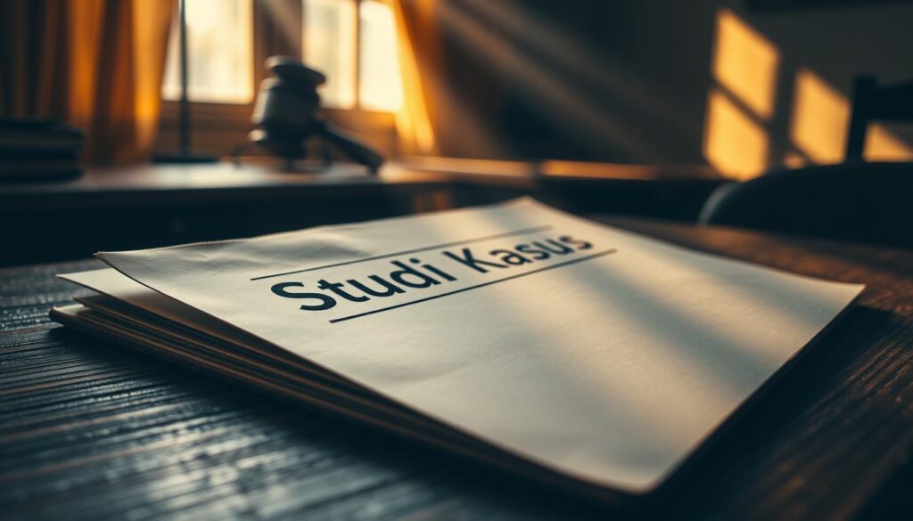 A high-contrast, cinematic shot of a legal case file labeled "Studi Kasus Pasal 37" lying on a weathered wooden desk. The file's edges are worn, hinting at the weight and importance of its contents. Rays of warm, directional light from a nearby window create dramatic shadows, emphasizing the document's significance. The background is slightly blurred, drawing the viewer's focus to the central case file, conveying a sense of intense scrutiny and examination. The overall mood is one of seriousness, gravitas, and careful consideration of the legal matter at hand.