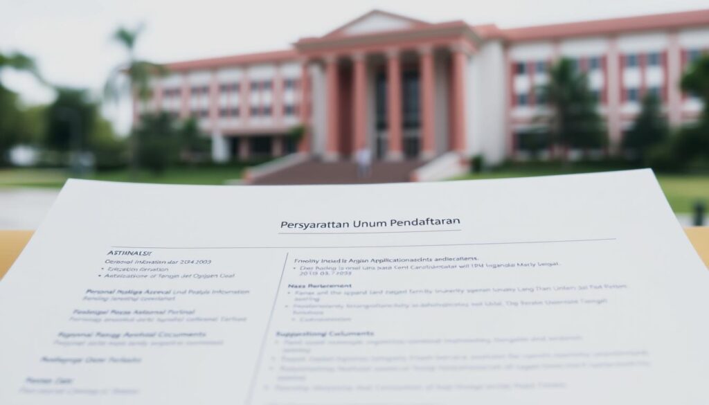 A modern, minimalist university registration form with a clean, professional layout. The foreground features a neatly organized list of general application requirements, such as personal information, educational background, and supporting documents. The middle ground showcases a simple, sans-serif header emphasizing the "Persyaratan Umum Pendaftaran" section. The background has a soft, blurred university campus scene, suggesting an academic atmosphere. The lighting is bright and even, creating a welcoming and accessible feel. The overall composition conveys a sense of efficiency, clarity, and attention to detail, reflecting the administrative process of university enrollment.