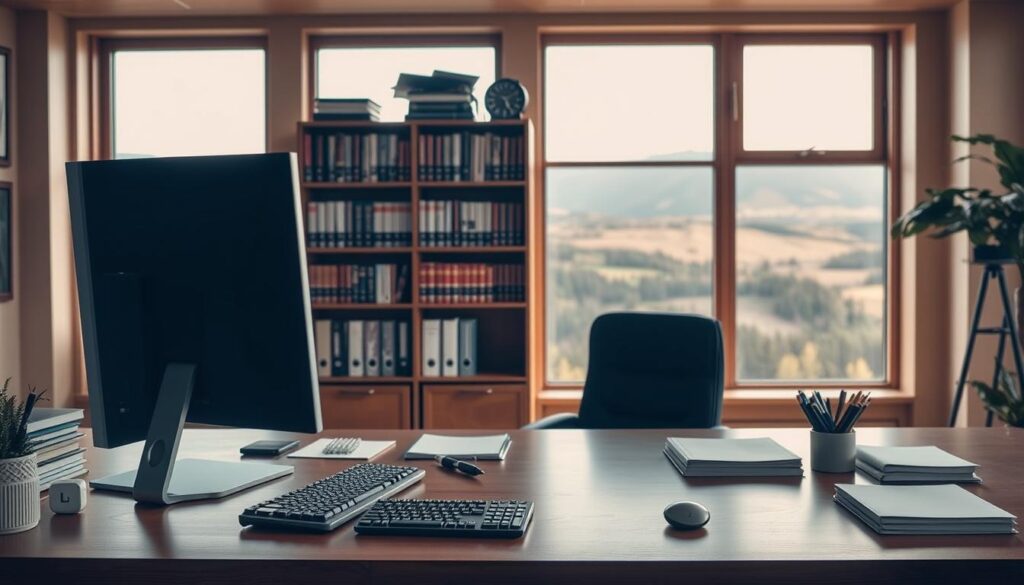 A neatly organized office scene with a large desk in the foreground, featuring a computer monitor, keyboard, and various stationery items. In the middle ground, a bookshelf filled with academic texts and folders, hinting at the educational context. The background depicts a warm, natural-lit room with large windows overlooking a scenic landscape, creating a serene and contemplative atmosphere. The lighting is soft and diffused, with a subtle play of shadows and highlights, conveying a sense of professionalism and attention to detail. The overall composition and styling suggest a formal, yet welcoming environment suitable for discussing scholarship and educational opportunities.