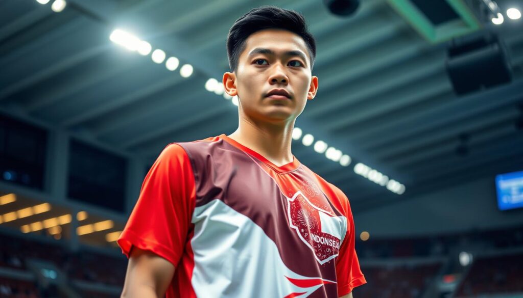 A portrait of an Indonesian badminton player, standing tall and proud, their uniform emblazoned with the national colors. The athlete's gaze is determined, their expression conveying focus and intensity. The image is captured in a well-lit indoor arena, with a backdrop of sleek, modern architecture and the audience's stands visible in the distance, adding a sense of grandeur and importance to the scene. The player's movements are graceful and powerful, hinting at the skill and athleticism that have earned them a place on the national team. The overall tone is one of national pride and the anticipation of an upcoming international tournament.