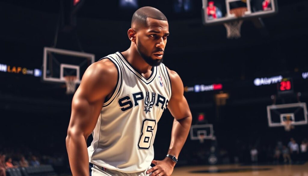 A professional basketball player, Chris Paul, stands on the basketball court, wearing the iconic San Antonio Spurs jersey. He is in a defensive stance, his brow furrowed in concentration, ready to make a crucial play. The arena is dimly lit, casting dramatic shadows that accentuate the player's muscular physique and intense expression. The court is a polished hardwood surface, surrounded by the team's signature silver and black color scheme. The atmosphere is tense, hinting at the high-stakes game unfolding. The image captures the final moments of Chris Paul's storied career, as he leaves an indelible mark on the San Antonio Spurs franchise.
