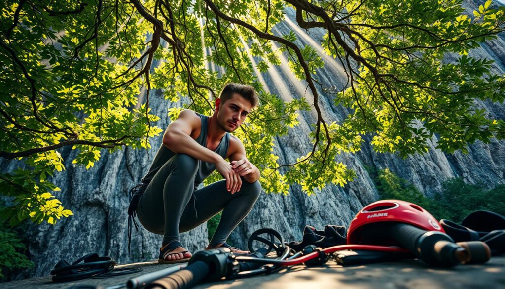 A rock climber crouches in deep contemplation, their face etched with focus and determination. The rugged, sun-dappled cliff face towers behind them, a testament to the physical challenges they will soon face. Beams of light filter through the canopy of lush, verdant foliage, casting a warm, introspective glow upon the athlete's features. In the foreground, climbing gear and equipment lie neatly organized, a symbol of the meticulous mental preparation that accompanies their physical training. The scene conveys a sense of tranquility and inner strength, capturing the essence of the mental fortitude required to excel in the sport of rock climbing.