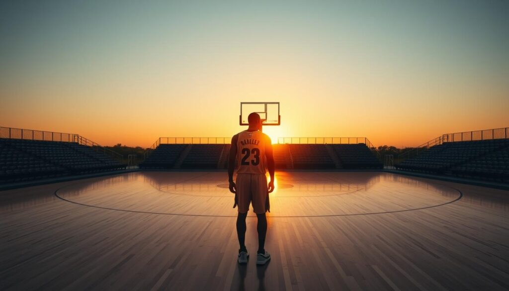 A serene sunset casts a warm glow over the silhouette of an NBA player, his jersey number barely visible, standing at the center of a basketball court. The hardwood gleams under the fading light, while the empty stands in the background suggest a moment of contemplation and transition. The scene conveys a sense of closure and the end of an era, as the player prepares to hang up his sneakers and embark on a new chapter of his life. The composition is balanced, with the player's figure positioned in the foreground, surrounded by the court's geometry and the fading light, creating a contemplative and emotionally resonant image.