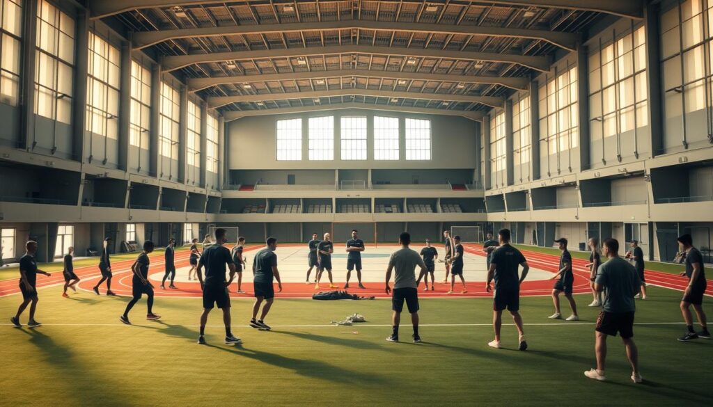 A sprawling indoor training facility, bathed in warm, diffused lighting that filters through tall windows. In the foreground, a group of athletes engaged in various drills and exercises, their movements precise and focused. In the middle ground, a handful of coaches supervise, offering guidance and feedback. The background reveals a state-of-the-art gymnasium, with an array of specialized equipment and a track circling the perimeter. The atmosphere is one of intense dedication, as the athletes prepare for the upcoming SEA Games, determined to bring glory to their nation.