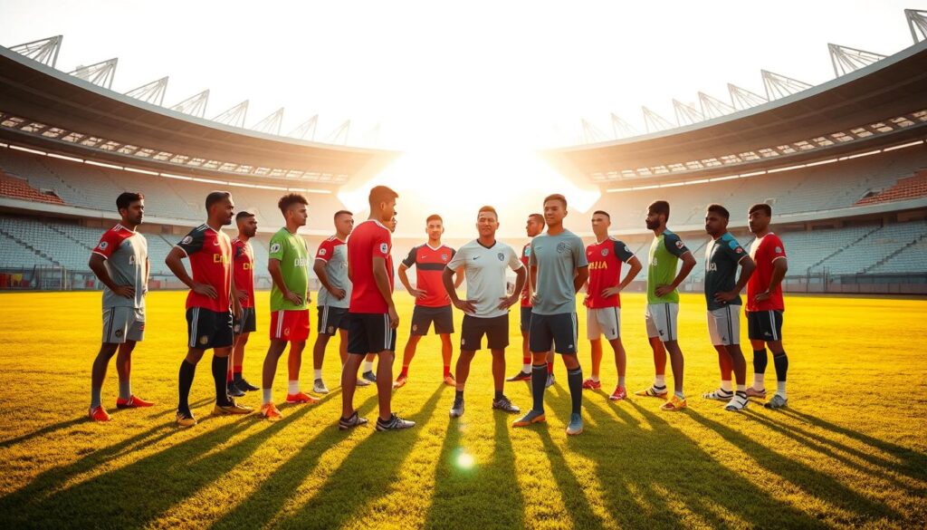 A team of international soccer players standing on a lush green field, their uniforms representing the diverse nationalities participating in the Indonesian Super League. The scene is bathed in warm, golden sunlight, casting long shadows and highlighting the players' dynamic poses as they engage in a training session. The background features the iconic silhouettes of a modern stadium, reflecting the professional and competitive nature of the league. The overall mood conveys a sense of unity, skill, and the excitement of the upcoming season.