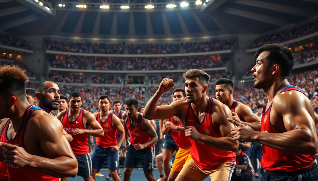 A thrilling scene of global athletes competing in the World Police And Fire Games, set against a backdrop of a grand sports arena. In the foreground, muscular competitors in vibrant uniforms engage in intense physical challenges, their faces etched with determination. The middle ground showcases a diverse array of spectators, their expressions animated with excitement. In the distant background, the arena's towering stands and modern architecture create an awe-inspiring atmosphere, illuminated by warm, dramatic lighting that casts long shadows. The overall composition conveys the international spirit, competitive drive, and sense of unity that defines this prestigious global event.