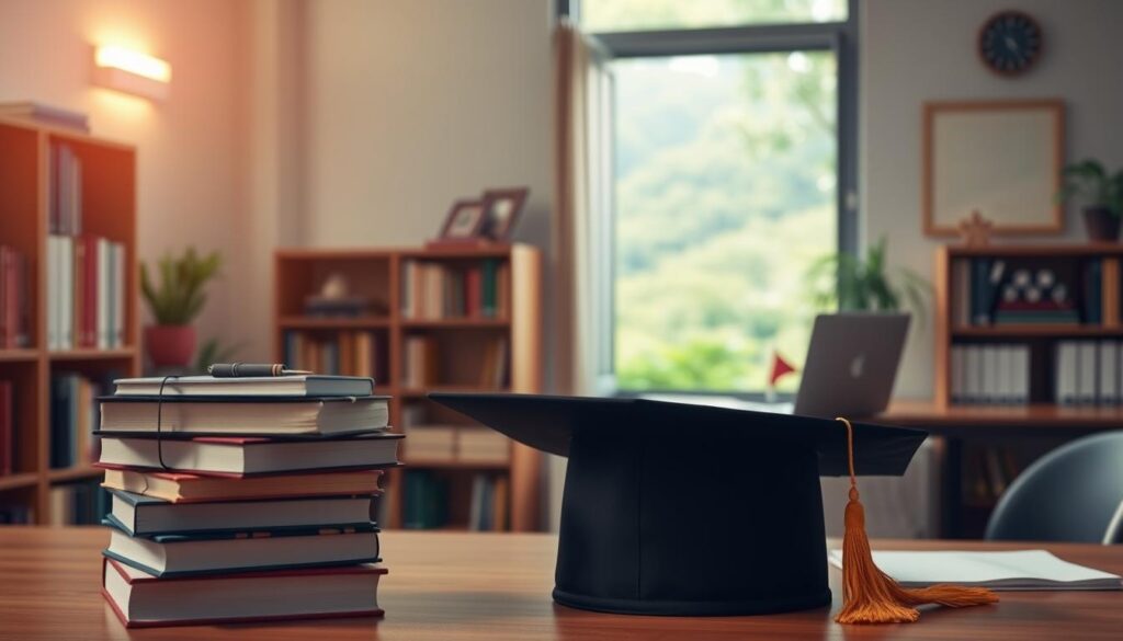 A tranquil academic setting, with a warm and inviting atmosphere. In the foreground, a stack of books and a mortar board, symbolizing the pursuit of education. In the middle ground, a desk with a laptop and stationery, conveying the process of preparing a scholarship application. The background features a bookshelf, a wall-mounted diploma, and a window overlooking a lush, verdant landscape, creating a sense of intellectual contemplation and a path to a brighter future. Soft, diffused lighting from the window casts a gentle glow, evoking a mood of thoughtfulness and determination. The overall composition suggests a harmonious blend of academic diligence and a vision for personal growth through the opportunities presented by a scholarship.