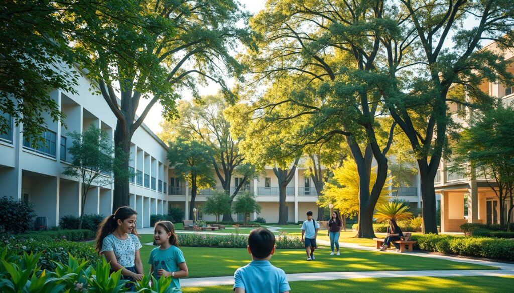 A tranquil school campus with vibrant greenery and well-maintained facilities. In the foreground, students engage in collaborative activities, their expressions serene and focused. The middle ground features modern, clean-lined architecture with ample natural lighting, conveying a sense of safety and comfort. In the background, towering trees sway gently, their dappled shadows creating a calming ambiance. The scene is illuminated by warm, golden sunlight, evoking a mood of security and well-being. The overall composition exudes a harmonious, inclusive atmosphere, where the school environment prioritizes the physical and emotional well-being of the community.