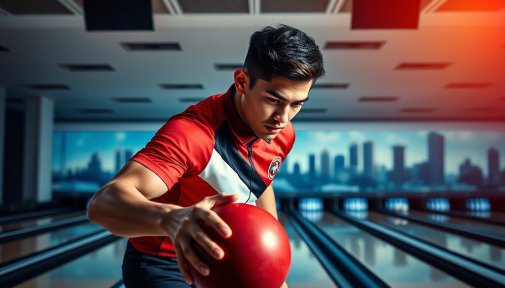 A triumphant athlete in a pristine bowling alley, clad in a sleek, form-fitting uniform in the vibrant colors of the Jakarta national team. Focused and poised, their gaze is fixed on the gleaming bowling ball as they prepare to deliver a decisive strike. The well-lit, modern setting creates a sense of energy and professionalism, with the athlete's powerful, athletic physique accentuated by dramatic shadows and highlights. The background features the Jakarta skyline, hinting at the city's proud hosting of the prestigious Governor's Cup bowling competition. An aura of determination and excellence permeates the scene, capturing the essence of Jakarta's elite bowling achievements.