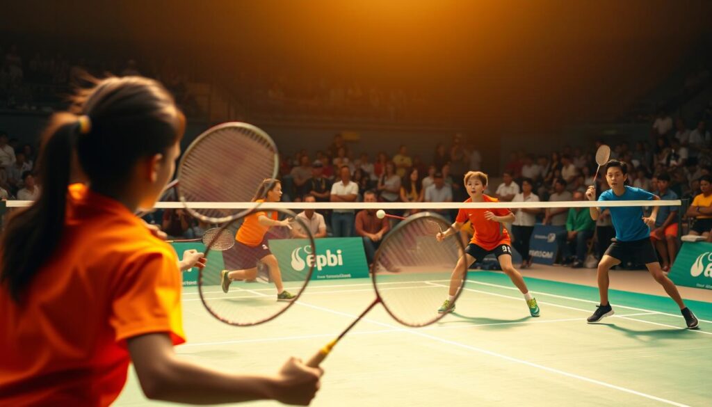 A vibrant badminton court set against a backdrop of a lively crowd. In the foreground, players in vibrant uniforms engage in a fierce rally, their rackets a blur of motion. Capture the intensity of the game, with dramatic diagonal lines and dynamic angles showcasing the athletes' agility and skill. The lighting should be natural and warm, casting a golden glow over the scene and evoking the energy of a junior tournament. In the middle ground, spectators lean forward, their expressions rapt as they watch the match unfold. The background should feature a blurred, indistinct crowd, creating a sense of atmosphere and energy. Overall, the image should convey the spirit of a world-class junior badminton competition.