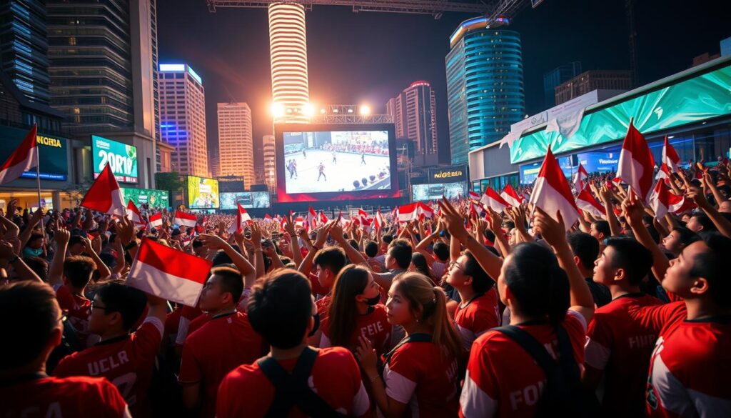 A vibrant crowd of passionate esports fans in Indonesia, their faces alight with excitement and pride. In the foreground, a group of young people wearing team jerseys and waving flags, cheering on their favorite players. In the middle ground, a large projection screen displays the intense competition, the players' skilled maneuvers captivating the audience. The background is filled with the iconic architecture of an Indonesian city, blending modern and traditional elements, creating a dynamic and visually striking scene. The lighting is warm and vivid, capturing the energy and enthusiasm of the event. The overall composition conveys the unwavering support and dedication of the Indonesian esports community.