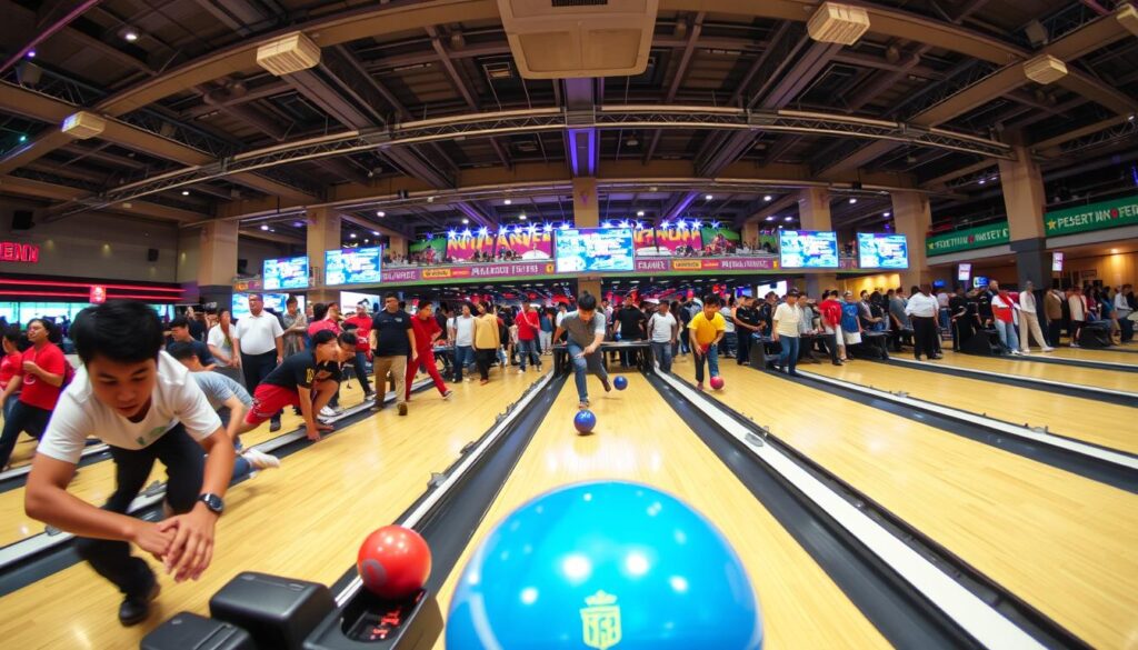 A vibrant gathering of bowling enthusiasts, captured in a dynamic wide-angle shot. In the foreground, groups of players intently roll their balls down the well-polished lanes, their expressions focused and determined. The middle ground reveals an array of supportive spectators, cheering and eagerly awaiting the next roll. The background showcases the bustling tournament venue, with its towering ceilings, vibrant decor, and a palpable air of friendly competition. Soft, warm lighting casts a natural glow, creating a welcoming and energetic atmosphere that perfectly encapsulates the spirit of the "Peserta dan Persaingan" section of the Piala Gubernur Jakarta Bowling competition.