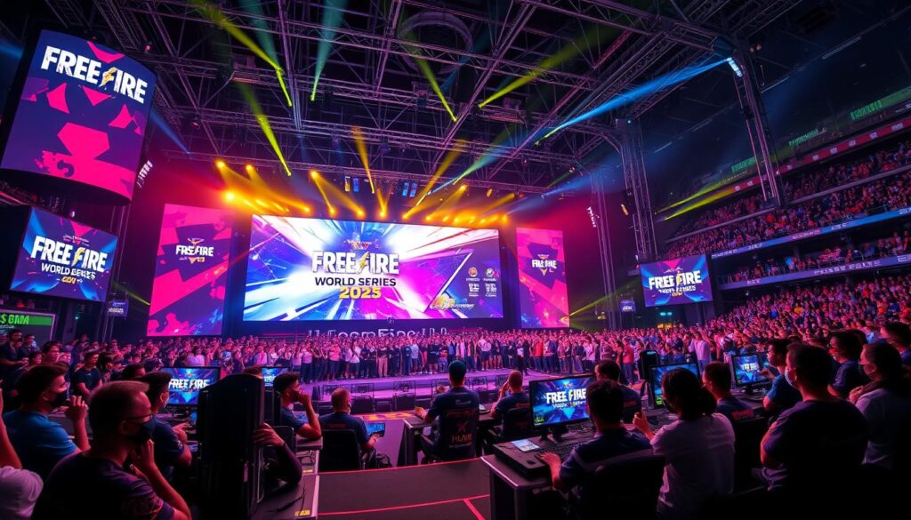 A vibrant, high-resolution image of the Free Fire World Series 2025 Spring tournament in Southeast Asia. The foreground depicts a large gaming stage with professional esports players competing on state-of-the-art gaming PCs, surrounded by a dynamic audience cheering them on. In the middle ground, colorful banners and signage showcase the Free Fire branding and tournament logos, illuminated by bright, dramatic lighting. The background features a futuristic, neon-lit arena with towering screens displaying the tournament's live gameplay and player statistics. The overall scene conveys the energy, excitement, and intensity of a premier global esports event.