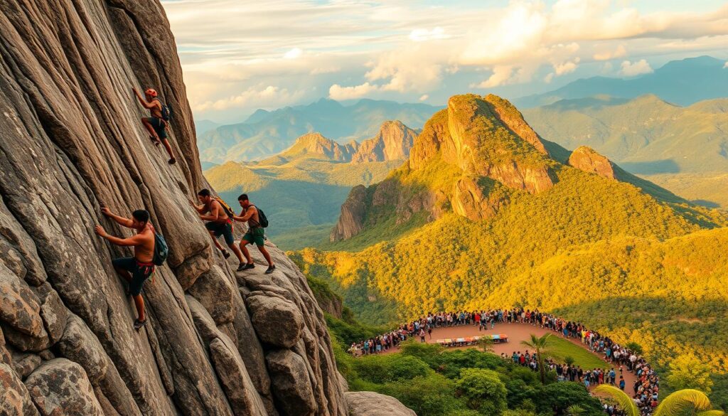 A vibrant rock-climbing competition set amidst a lush, verdant landscape. The foreground depicts a team of skilled climbers ascending a challenging rock face, their determined expressions and dynamic movements capturing the thrill of the sport. In the middle ground, spectators line the cliffs, cheering on the competitors. The background showcases a panoramic view of the surrounding mountains, their peaks bathed in warm, golden light that filters through wispy clouds. The scene exudes a sense of adventure, athleticism, and the natural beauty of the ASEAN region.