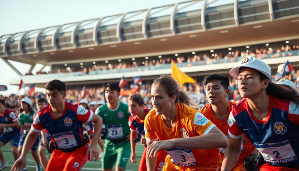 A vibrant scene of the World Police And Fire Games, capturing the thrill and camaraderie of the global competition. In the foreground, a group of athletes in colorful uniforms engage in a dynamic sporting event, their expressions intense with focus and determination. The middle ground features a cheering crowd, waving flags and banners to support their teams. In the background, a modern stadium with sleek architecture and state-of-the-art facilities sets the stage for this prestigious international event. The lighting is crisp and warm, creating a sense of energy and excitement. The angle captures the scale and grandeur of the games, showcasing the global nature of this prestigious competition.