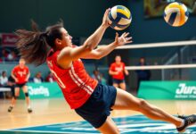 Atlet bola voli melakukan gerakan agility saat pertandingan