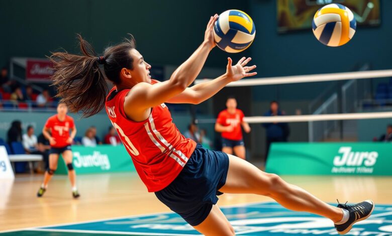 Atlet bola voli melakukan gerakan agility saat pertandingan