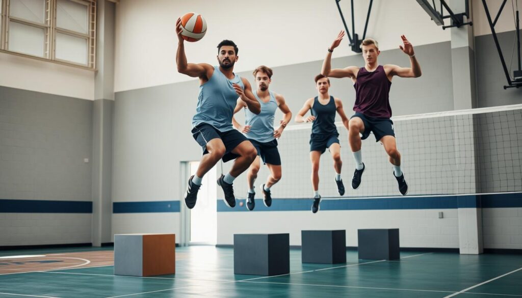 Atlet melakukan box jumps sebagai bagian dari latihan plyometrik Atlet melakukan box jumps sebagai bagian dari latihan plyometrik