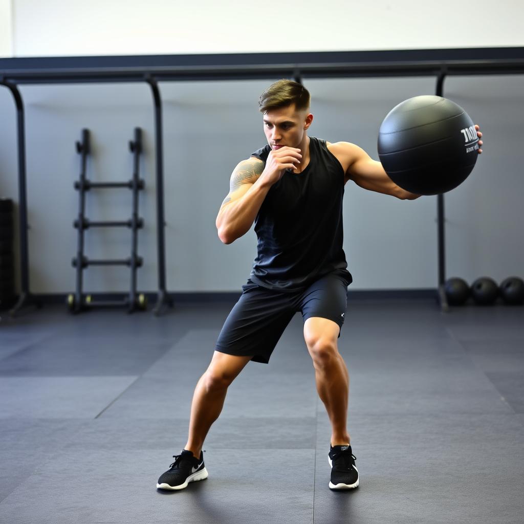 Atlet melakukan rotasi dengan medicine ball untuk stabilitas inti Atlet melakukan rotasi dengan medicine ball untuk stabilitas inti