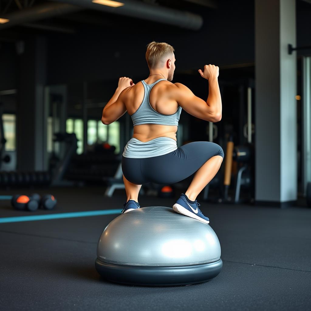 Atlet melakukan squat di atas bosu ball untuk melatih keseimbangan Atlet melakukan squat di atas bosu ball untuk melatih keseimbangan