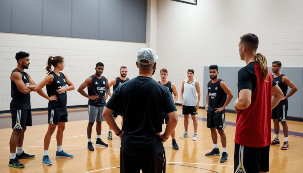 Pelatih memberikan instruksi teknis kepada atlet bola voli dan basket Pelatih memberikan instruksi teknis kepada atlet bola voli dan basket