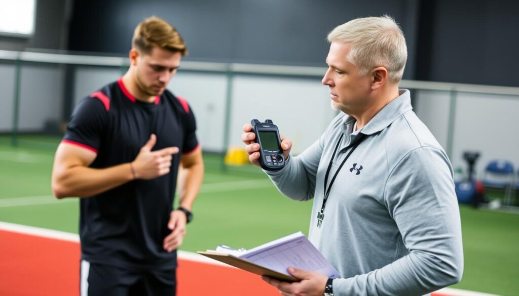 Pelatih mengukur progres latihan agility atlet dengan stopwatch Pelatih mengukur progres latihan agility atlet dengan stopwatch
