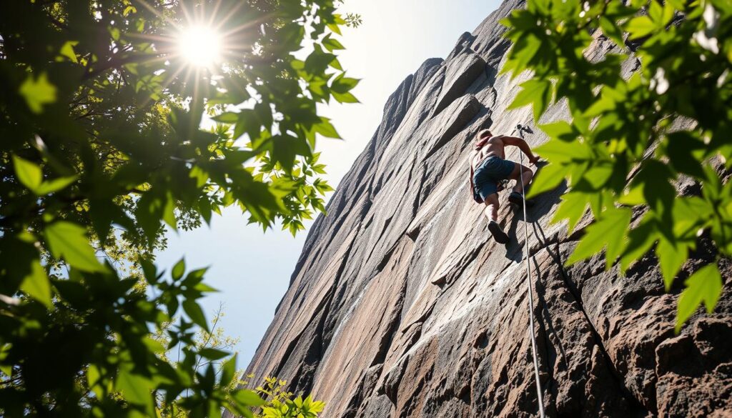 Prompt A high-angle view of a rock climber scaling a towering, rugged cliff face, surrounded by lush, verdant foliage and a bright, clear sky. The climber's movements are precise and focused, their body a study in balance and control as they navigate the challenging terrain. Sunlight filters through the leaves, casting a warm, natural glow over the scene. The image conveys a sense of determination, discipline, and the pursuit of mastery in the sport of rock climbing, encapsulating the essence of "Strategi Latihan untuk Puncak Prestasi".