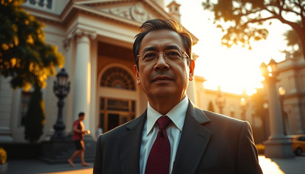 a hyper-realistic, detailed, and cinematic image of Bahlil Lahadalia, the chairman of the Golkar party, standing confidently at the entrance of the Presidential Palace in Jakarta, Indonesia. The scene is bathed in warm, golden afternoon light, casting dramatic shadows across Bahlil's face and the grand, neoclassical architecture of the palace. Bahlil is wearing a crisp, dark suit and tie, exuding an air of authority and political power. The foreground is sharp and in focus, while the background is slightly blurred, emphasizing Bahlil as the central figure. The overall atmosphere conveys a sense of gravitas, importance, and the weight of Bahlil's position as a key political leader in Indonesia.