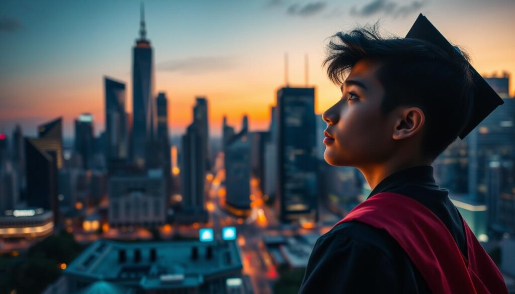A bustling city skyline at dusk, the silhouettes of towering skyscrapers framing a vibrant technological landscape. In the foreground, a young computer science graduate stands at a crossroads, pondering the diverse career paths that lay before them. Soft lighting illuminates their contemplative expression as they gaze upon a digital interface, visualizing the endless possibilities - from AI development to cybersecurity, software engineering to data analysis. The scene radiates a sense of potential, capturing the spirit of an alternative career journey for those with a computer science background.