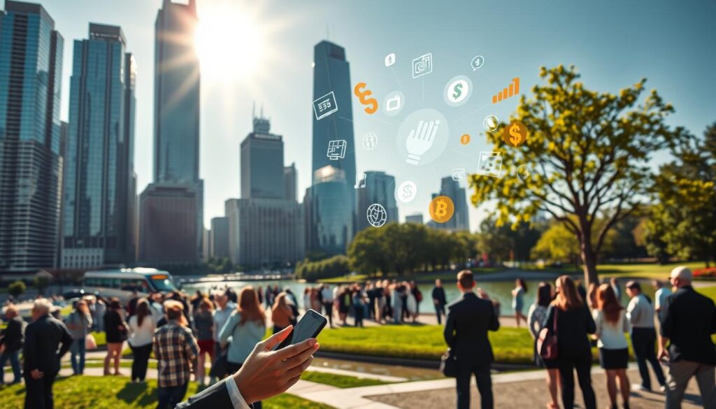 A bustling cityscape with towering skyscrapers, reflecting the gleam of the sun. In the foreground, a well-dressed individual intently gazes at a smartphone, surrounded by a halo of digital interfaces and floating currency symbols, symbolizing the opportunities for online financial gain. The middle ground features a diverse array of people, each engaged in various digital activities, highlighting the ubiquity of internet-based income streams. The background is a serene park, with lush greenery and a tranquil pond, suggesting the balance between the digital and physical realms. The overall scene conveys a sense of modern prosperity and the endless possibilities offered by the internet economy.