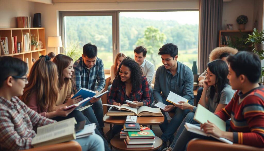 A vibrant and collaborative learning community, captured in a warm and inviting scene. In the foreground, a group of diverse individuals engaged in lively discussions, surrounded by an array of books, learning materials, and digital devices. The middle ground features a cozy, well-lit space with comfortable seating arrangements, encouraging an atmosphere of intellectual exchange and mutual support. In the background, a large window overlooking a serene, natural landscape, symbolizing the connection between learning and the broader world. Soft, diffused lighting creates a sense of tranquility, while the overall composition conveys a sense of unity, shared purpose, and a passion for knowledge.