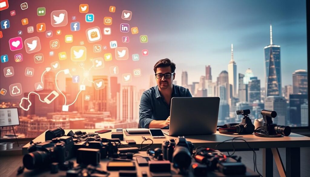 A vibrant and engaging social media content creation scene. In the foreground, a person sits at a minimalist desk, laptop open, surrounded by a clutter of smartphones, cameras, and various digital devices. The middle ground features a dynamic array of social media app icons, floating and pulsing with energy. In the background, a cityscape of skyscrapers and modern architecture is bathed in a warm, golden light, creating a sense of productivity and connection. The scene is illuminated by soft, diffused lighting, giving it a professional, studio-like atmosphere. The overall mood conveys the excitement and potential of leveraging social media to drive online success.