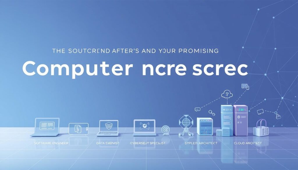 An elegant and professional illustration of the most sought-after and promising computer science career paths. A sleek, minimalist design with clean lines and a cool, subdued color palette. The foreground features a clean grid layout showcasing various career icons and titles, such as software engineer, data scientist, cybersecurity specialist, and cloud architect. The middle ground has subtle 3D models of laptops, servers, and other tech hardware to set the scene. The background gently fades into a cool-toned geometric pattern, creating depth and a sense of modern, tech-forward aesthetics. Warm, balanced lighting casts a professional, authoritative mood. The overall composition conveys the diverse, in-demand career opportunities available to computer science graduates.